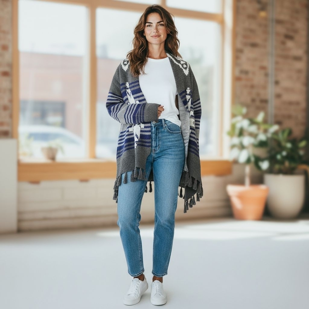 Pink Martini Alpaca/Wool Blend Open Face Waterfall Tribal Grey Cardigan